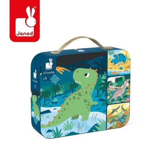 JANOD Puzzle progresywne w walizce Dinozaury 4 układanki – 6, 9, 12 i 16 elementów 3+, Janod